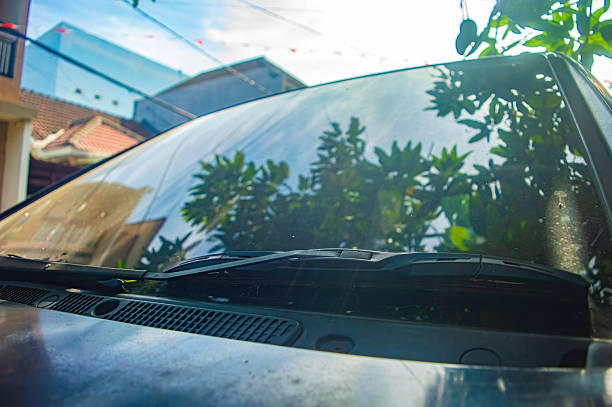 Windshield of parked car reflecting trees and sky with wipers at rest capturing urban stillness, natural light blend, and outdoor texture in a residential setting.