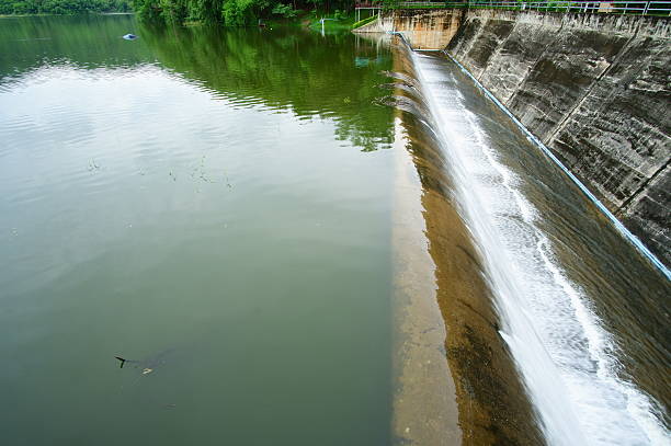 A steady stream of water flowing over a concrete weir in a river dam system. Captured in natural light, symbolizing irrigation, renewable resources, environment, and hydropower concept.