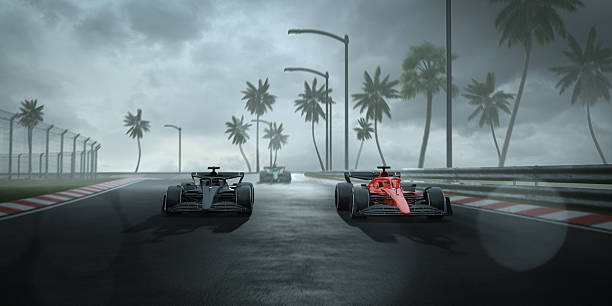 istock Race cars on 3D track without any branding. 2235369664