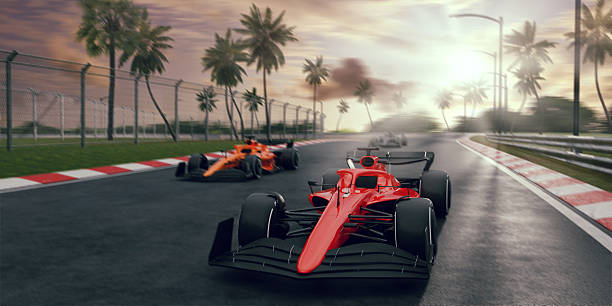 3D  Race cars on speed track.