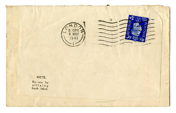 istock Re-used British envelope with label and inverted postage stamp, 1941 2235370335