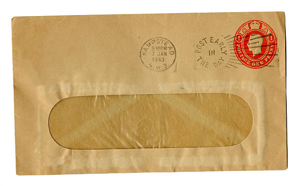 An empty brown window envelope posted in Hampstead, London NW3 on the 7th January 1943. It has a printed one penny stamp which bears the profile of King George VI and the message “Post early in the day”. The recipient’s name and address have been removed.