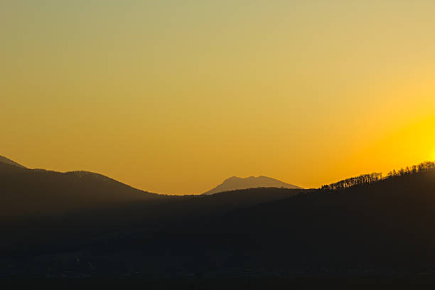 A tranquil, layered landscape showcasing the silhouetted profile of a forest line atop rolling hills against a gradient sky of warm golden-yellow and soft orange. The sun is just out of frame to the right, intensely illuminating the atmosphere and creating a striking contrast between the dark foreground and the bright sky.