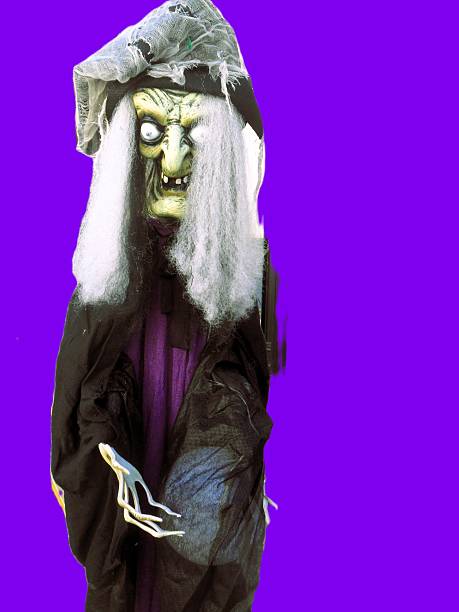 A close-up of a witch's face, featuring exaggerated features common in Halloween decorations. The design includes a large hooked nose, wide, bloodshot eyes, and a menacing grin showcasing sparse, sharp teeth. The skin is a yellowish-green with prominent wrinkles, highlighting a creepy expression. Long, stringy gray hair surrounds the face, adding to the eerie appearance. The head is partially covered by a worn, tattered black hat, completing the witch's traditional look suitable for Halloween settings.