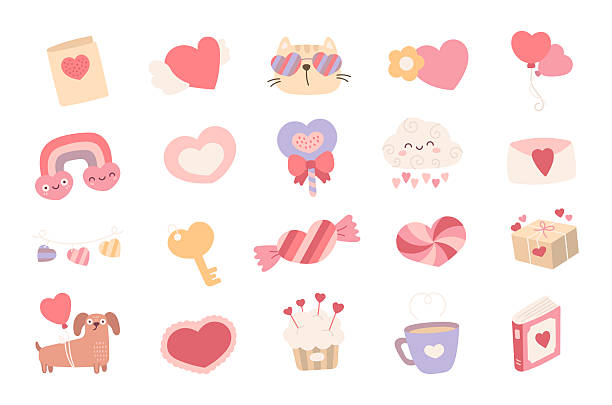 istock Valentine love in scandinavian style showing postcard, heart, balloon, cat, rainbow, cloud, candy, gift, dog, cupcake, mug, book, envelope, key, lollipop 2235378700