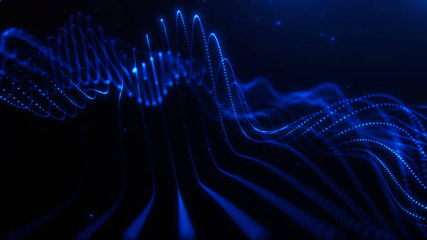 istock Abstract glowing digital blue wave of particles flowing on dark background. Futuristic energy motion design, technology visualization, smooth fluid shape. 2235380611
