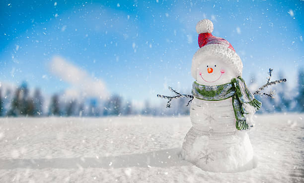 istock Smiling Snowman With Santa Hat And Scarf In Winter Snowfall 2235384191