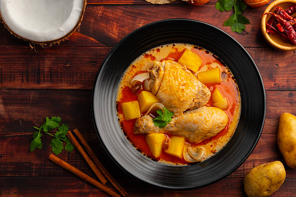 Massaman Curry with Chicken and Potatoes.It is an aromatic curry with a tangy, luxurious taste that is harmonic, sweet and isn't as spicy.Top view