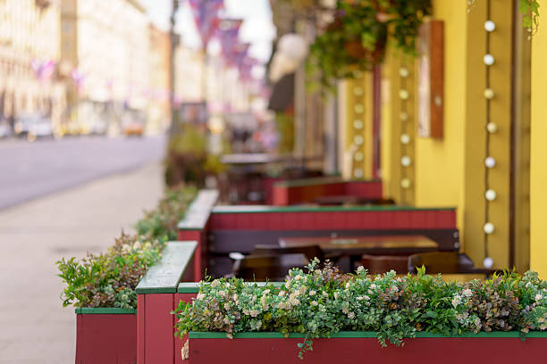 istock An outdoor cafe area with colorful planters, greenery, and string lights creates a cozy atmosphere in the urban setting. 2235387456