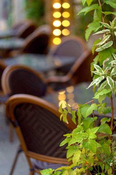 istock A cafe with wicker chairs and glass tables is decorated with greenery and soft vertical lighting. 2235387574