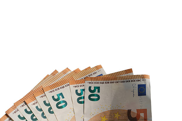 istock 50 euro banknotes fan-shaped in sunlight, white background. 2235389150