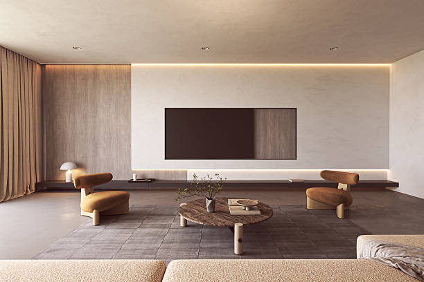 istock Modern living room with TV and designer chairs 2235399007