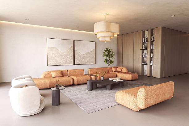 istock Luxury minimalist lounge with warm orange seating 2235400423