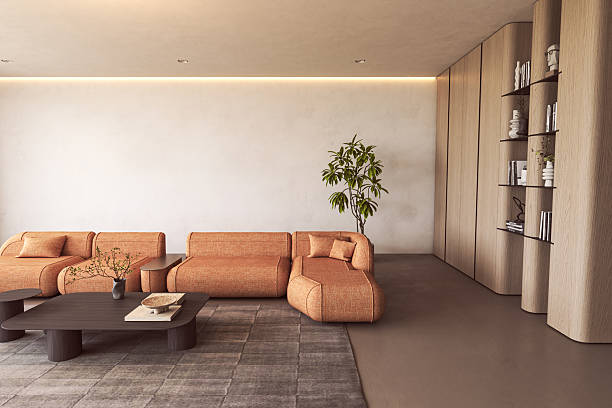 istock Minimalist interior with orange sofa and built-in shelves 2235400943