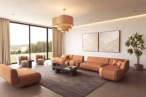 istock Modern living room with earthy tones and view 2235401202