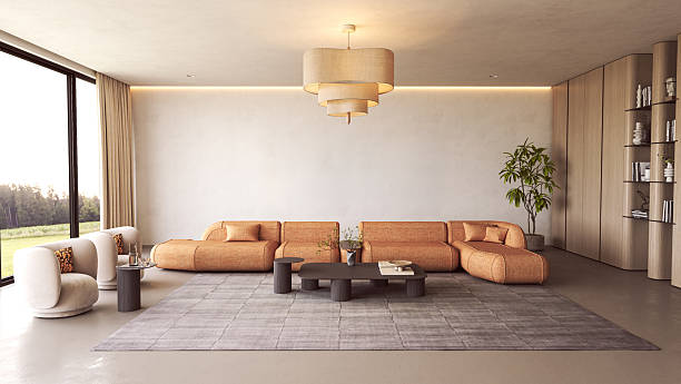 istock Modern lounge with panoramic window and orange seating 2235401419