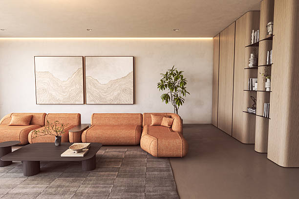 istock Earth-toned lounge with modern art and shelving 2235401644