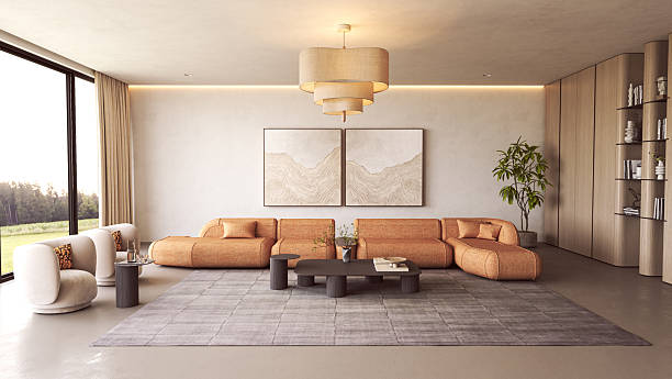 Contemporary lounge with orange sofa and large windows