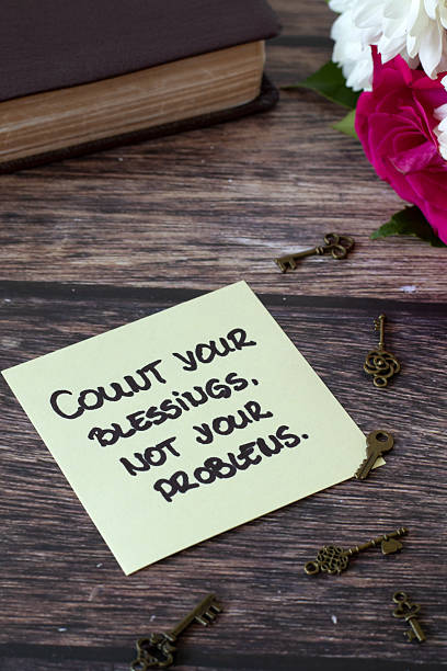istock Count your blessings, not your problems, inspirational biblical quote with ancient keys and holy bible 2235403166