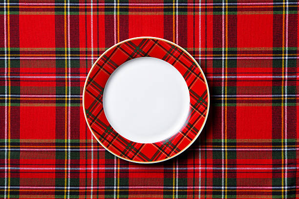 Scottish-style plate on tartan fabric. Close up. Copy space. Top view.