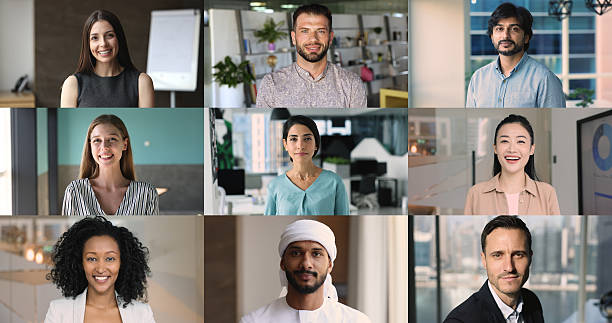 istock Group of multicultural businesspeople, staff members posing for camera, collage 2235408079