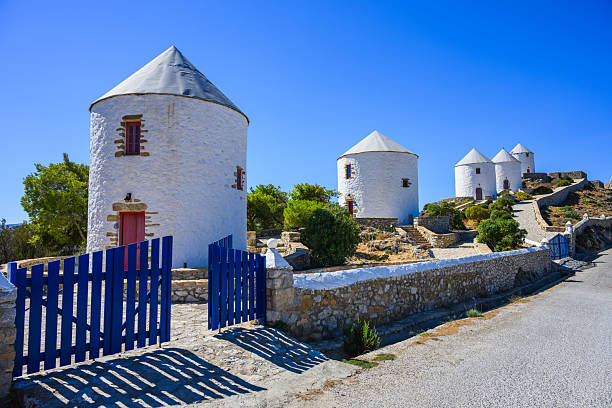 White windmills of Leros, Greek Islands