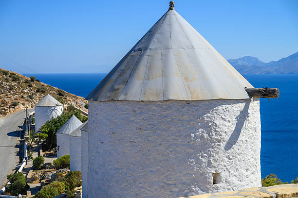 White windmills of Leros, Greek Islands
