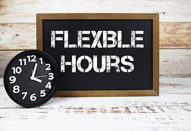 istock Flexible Hours text message and alarm clock on wooden background 2235411275