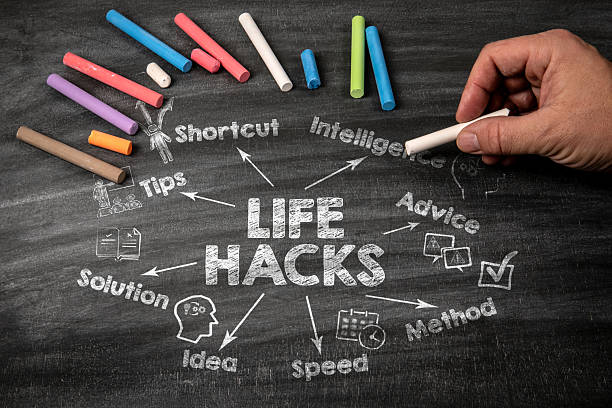 istock Life Hacks Concept. Black scratched textured chalkboard background 2235413989
