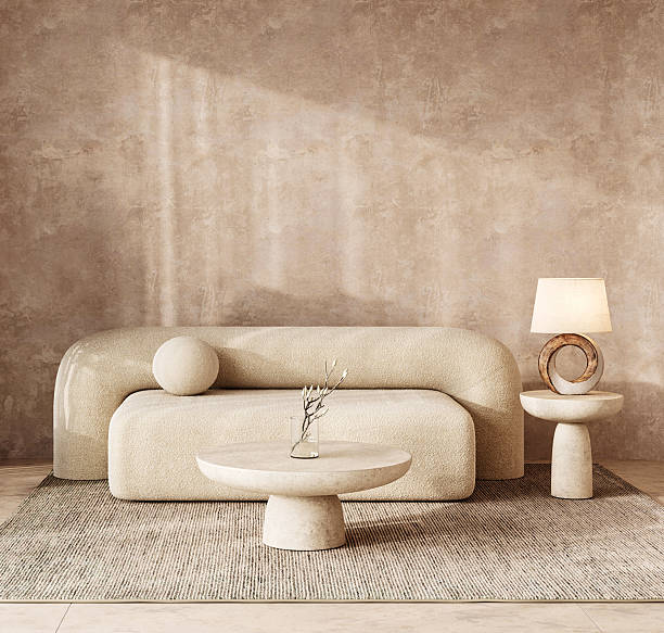 istock Chic boho scandinavian living area with textured sofa and large decorative plant, 3d rendering 2235414594