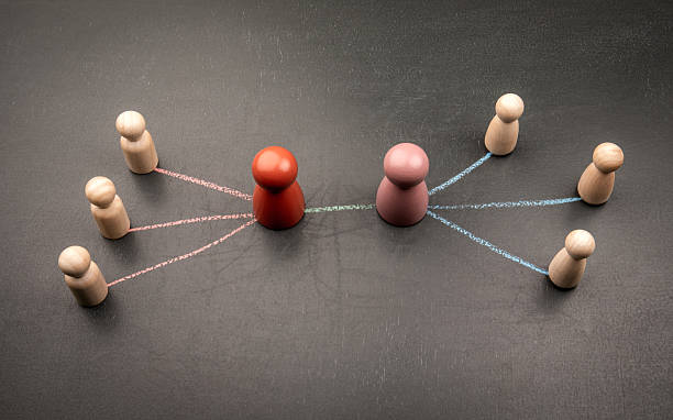 Illustration of two group leaders forming connections with their teams using chalk arrows, representing collaboration, influence, and social dynamics