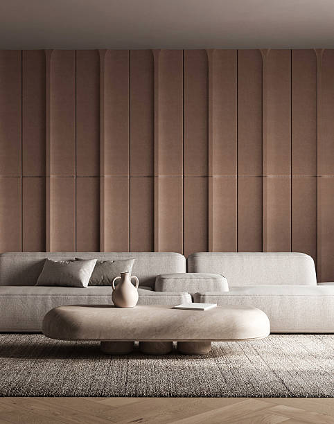 istock Modern textured living room with sleek sectional and pendant lights 3d render 2235417237