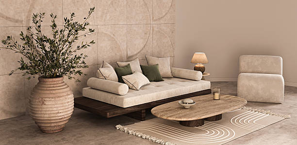 istock Serene living room with organic accents and lush olive tree 3d render 2235417302