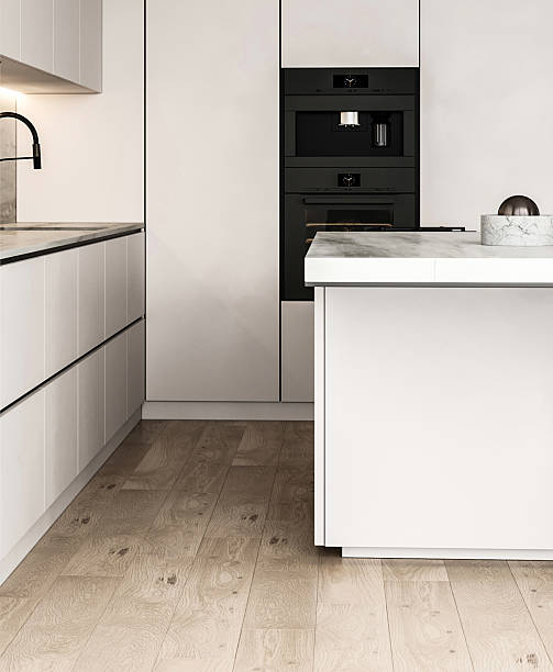 istock Modern nature style white kitchen interior design with island and panoramic window background. 3d rendering. High quality 3d illustration 2235417720