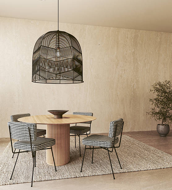 istock Contemporary dining set with houndstooth chairs and wood table 2235418654