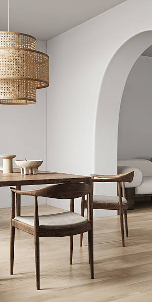 istock Modern style wooden interior with arch and dining table background. Nature lamp design. 3d rendering. High quality 3d illustration 2235419145