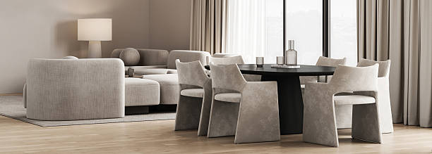 istock Modern nature style livingroom interior design with dining table and panoramic window background. 3d rendering. High quality 3d illustration 2235419403