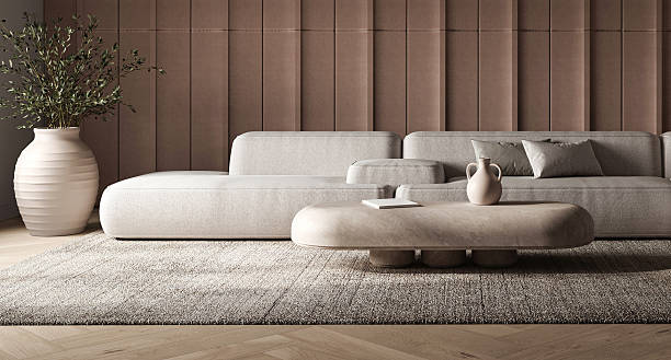 istock Modern textured living room with sleek sectional and pendant lights 3d render 2235419592