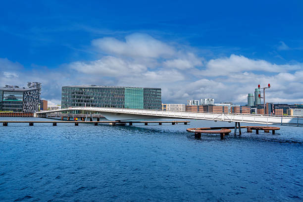 Bryggebroen bridge in Copenhagen Denmark with skyline of modern waterfront buildings and cloudy sky