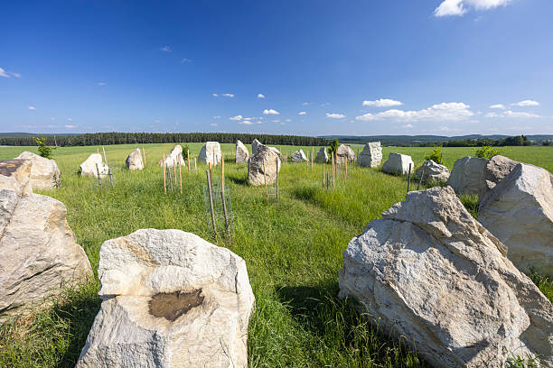 Menhir circle in Horni Bela, Czechia, under blue sky with small trees growing between the stones