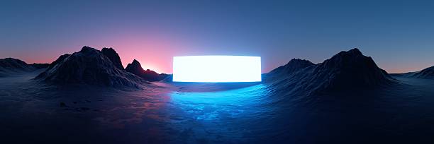 istock A fantasy landscape featuring black rocky mountains and a glowing neon screen.3d render illustration. Cinematic sci-fi panorama of dark rocky terrain. 2235436256