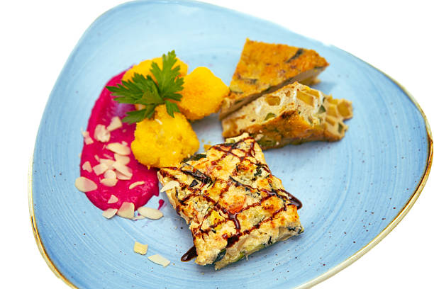 Vegetable frittata with Crispy Breaded Cauliflower and beetroot sauce