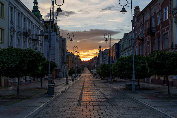 Sun drenched city street with elegant lampposts, trees and historic facades.