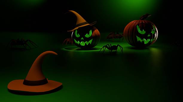 Three jack o lantern pumpkins glow with eerie green light while spiders crawl nearby. A witch hat lies in front. The horizontal dark scene includes copyspace for Halloween text.