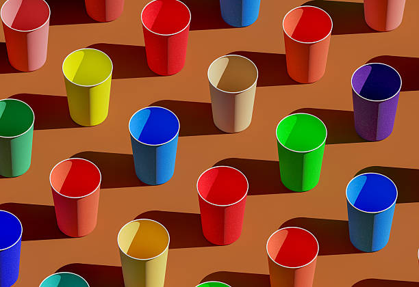 Colorful disposable paper cups. 3D render on brown background, no lids