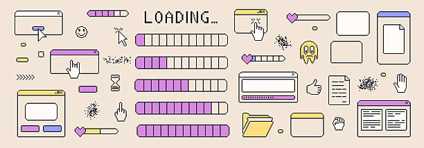 Pixel art loading bar. Windows interface vintage. 8 bit browser and menu elements with cursors and progress load. Pixel screens 90s style. Ui message frames figures. Vector set illustration.