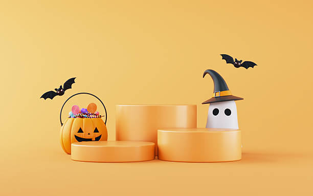 istock Cute Jack O' Lantern Pumpkin Candy Bucket and Ghost in Witch Hat with Empty Product Podium on Orange Background. Halloween Trick and Treats concept. 2235452347