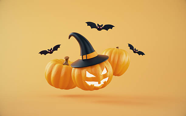 Jack-o-Lantern pumpkin in Witch hat Pumpkins on orange background. Flying Bats. Halloween Trick and Treats concept.