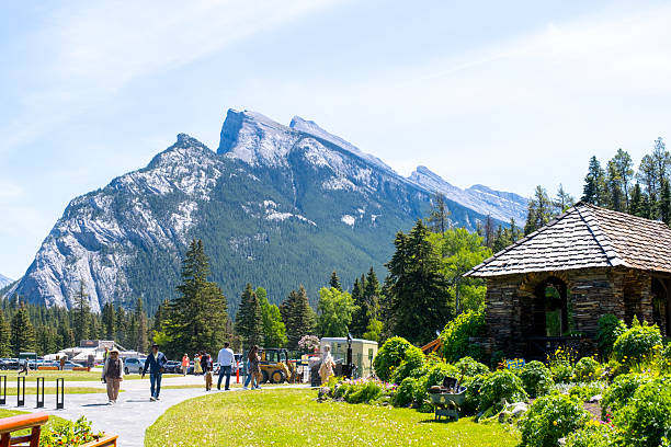 Colorful Cascade of Time Garden in Banff, Alberta, featuring landscaped flowerbeds, pathways, and Rocky Mountain backdrop.