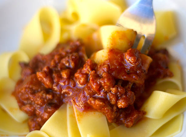 Italian Cuisine: Fettuccini/Pappardelle with Bolognese Sauce Close-Up